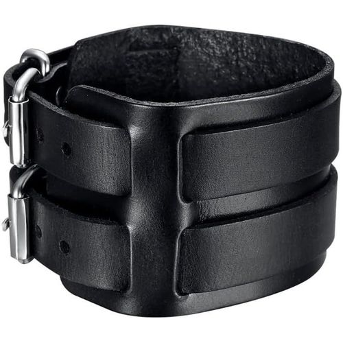 Cauc-- Bracelet De Force Noir Homme Cuir Vachette Véritable Acier Inoxydable Double Ceinture