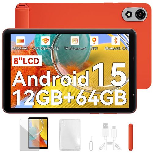 Blackview Tablette ZENO 1 8" FHD AI x Android 15, RAM 12 Go ROM 64 Go/SD 2 To, 6000mAh Widevine L1 1080P WPS, Dual SIM - Orange