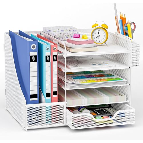 Robuste Organisateur De Bureau Avec Porte-Documents, 5 Niveaux - Porte-Lettres Avec Tiroir Et 2 Porte-Stylos - Compartiments De Rangement En Maille Pour Fournitures De Bureau, Noir
