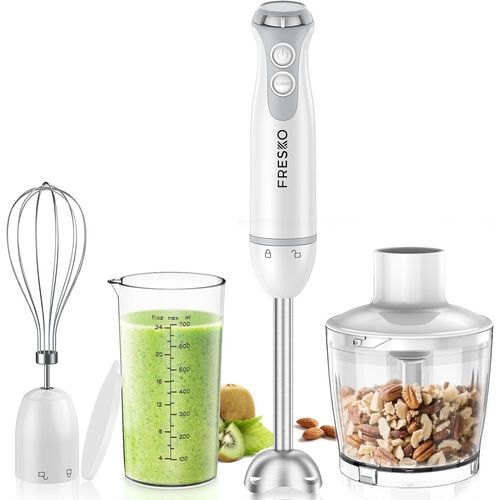 Mixeur Plongeant 4 En 1, 1000W En Acier Inoxydable, Vitesse Variable Et Turbo, Avec Hachoir De 500 Ml Et Verre Doseur De 700 Ml, Pour Aliments Pour Bébés, Soupes Et Smoothies, Blan[CHU10500851]