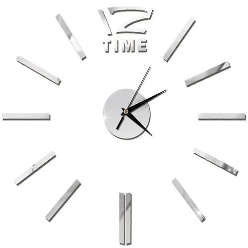 Horloge murale bricolage moderne Grande horloge murale 3D sans cadre Miroir Autocollants pour la décoration de bureau du salon à la maison (argent)