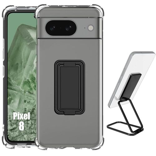Coque Pour Google Pixel 8, Silicone Transparent Antichoc Avec Support Ajustable Métal Noir - E.F.Connection
