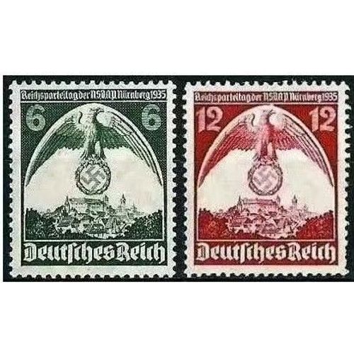 Allemagne, 3ème Reich 1935, Très Beaux Timbres Neufs** Luxe Yvert 545 Et 546, 7ème Congrès Du Parti Nazi À Nuremberg, Grand Aigle Et Croix Gammée, Filigrane Croix Gammées.