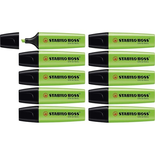 Stabilo Lot De 10 Surligneurs Boss Original Rechargeable Pointe Biseautée 2-5 Mm Vert