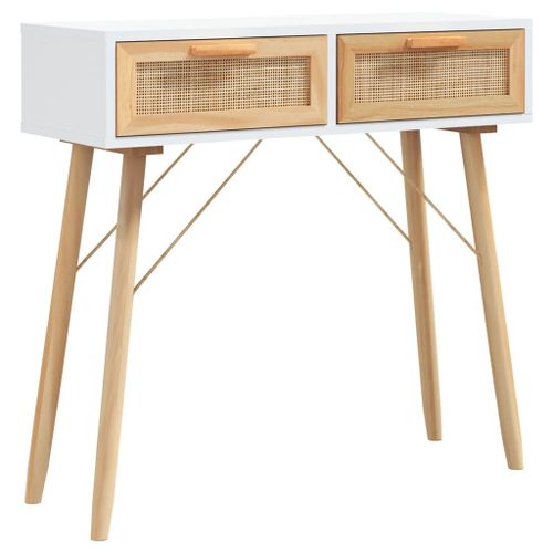 Vidaxl Table Console Blanc 80x30x75 Cm Bois Massif Pin /Rotin Naturel
