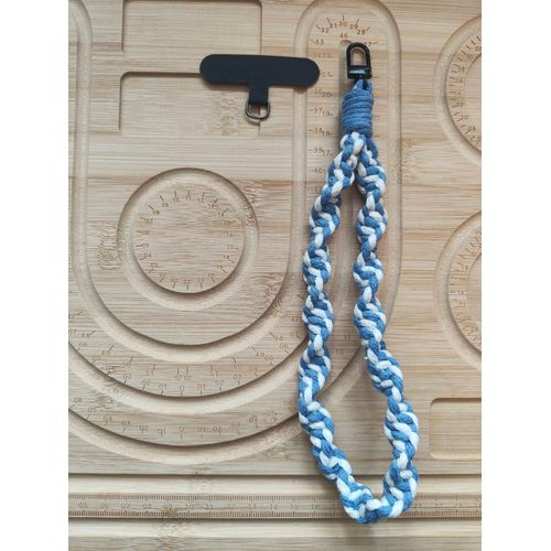 Dragonne/Bracelet De Téléphone Artisanale – Coton Tressé (Bleu Ciel & Blanc)
