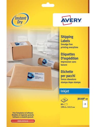 Avery J8168-40 - 80 Étiquettes D'expédition Blanches Adhésives Personnalisables. 99,6x143,5mm. Impression Jet D'encre