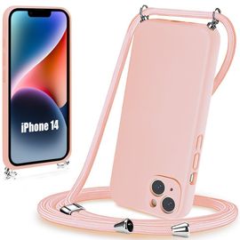 Coque Bandoulière Pour Iphone 14 Rose Souple Anti-Choc Anti-Rayure Silicone