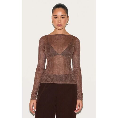 Top En Maille Tricot Chocolat Transparente À Col Bateau Et Manches Longues, Chocolat