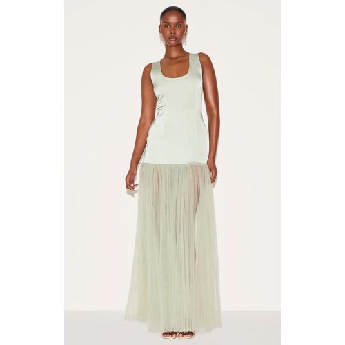 Robe Longue Vert Sauge À Col Rond Et Taille Tombante, Vert Sauge