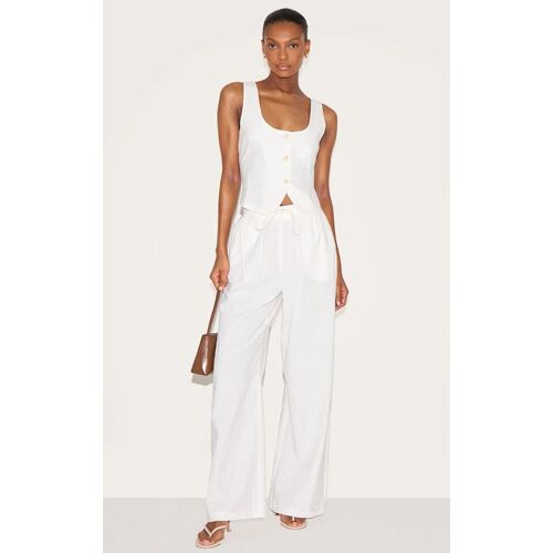 Pantalon De Tailleur Large En Effet Lin Blanc À Cordons Ajustables, Blanc