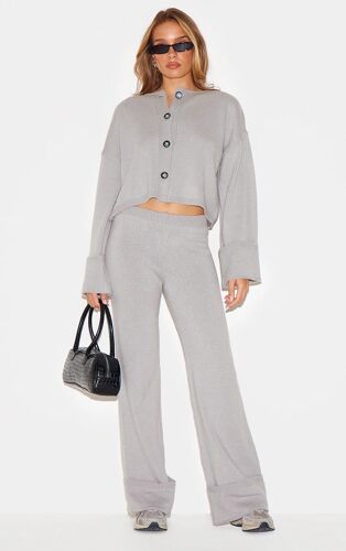 Pantalon En Maille Tricot Grise À Ourlets Retroussés, Gris