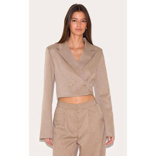 Blazer De Tailleur Court Tissé Gris Champignon À Épaules Carrées, Gris Champignon