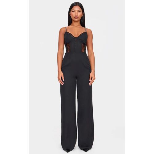 Combinaison Style Corset Tissée Noire À Bretelles Et Empiècements En Dentelle, Noir
