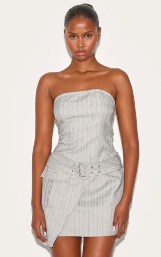 Robe Bustier Droite Grise Finement Rayée À Poche Et Ceinture, Gris
