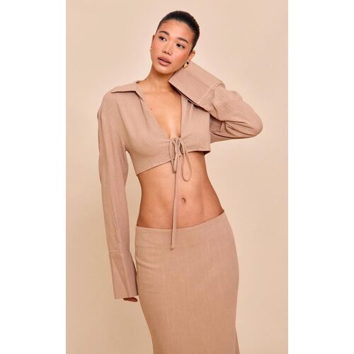 Chemise Courte En Lin Mélangé Sable Noué Devant, Sable