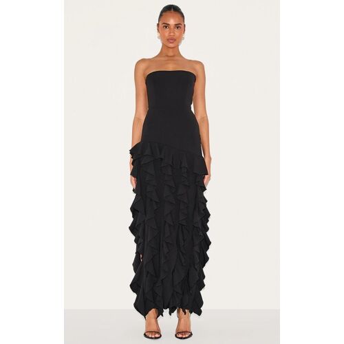 Robe Bustier Longue Noire À Détail Volanté, Noir