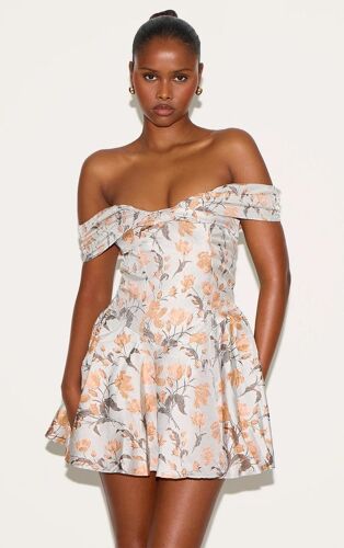 Robe Droite En Jacquard Bleu À Col Bardot, Bleu