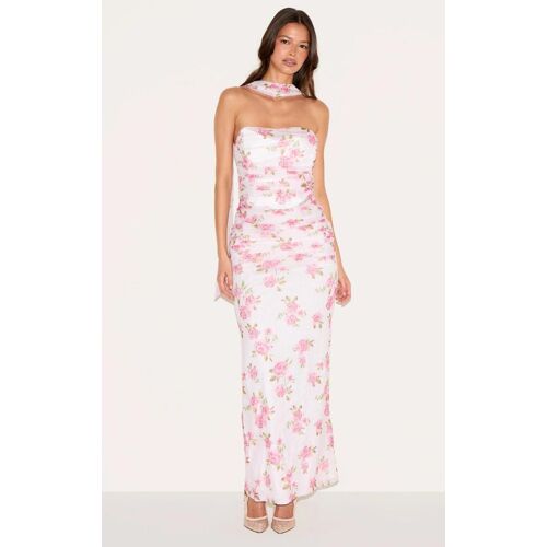 Robe Longue Rose Fleurie Froncée À Détail Foulard, Rose