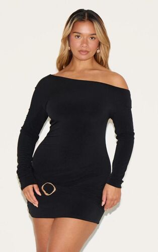 Shape Mini Robe Manches Longues Noire À Épaule Dénudée Et Empiècement Doré, Noir