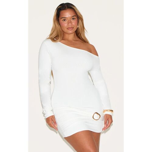 Shape Mini Robe Manches Longues Blanche À Épaule Dénudée Et Empiècement Doré, Blanc