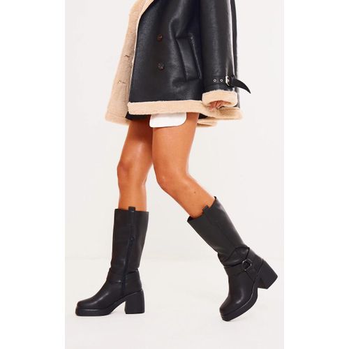 Bottes Hautes Bout Carré Noir À Talons Épais Et Boucles, Noir - 41