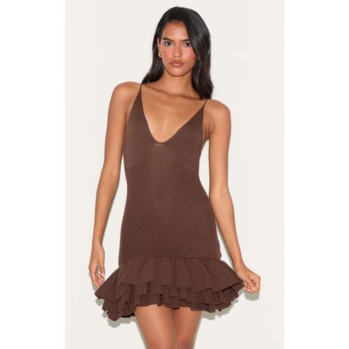 Mini Robe En Maille Tricot Chocolat À Bretelles Fines Et Ourlet Volanté, Chocolat