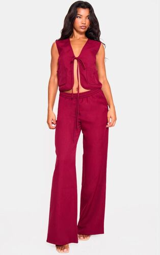 Pantalon Large Tissé Rouge Cerise À Taille Mi-Haute, Rouge Cerise