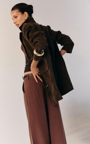 Manteau Style Blazer Long Oversize En Suédine Marron Foncé, Marron Foncé
