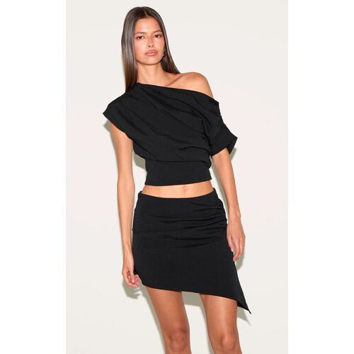 Mini-Jupe Tissée Noire Froncée À Taille Mi-Haute, Noir