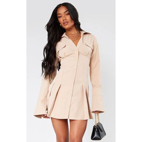 Robe Chemise En Popeline De Coton Gris Pierre Plissée À Manches Évasées, Gris Pierre