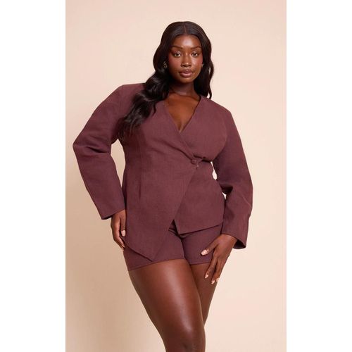 Plus Blazer De Tailleur En Effet Lin Deluxe Chocolat Profond À Manches Cocon Et Taille Cintrée, Chocolat Profond