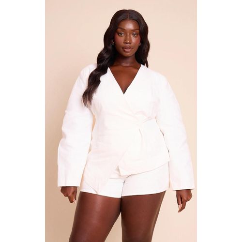 Plus Blazer De Tailleur En Effet Lin Deluxe Blanc À Manches Cocon Et Taille Cintrée, Blanc