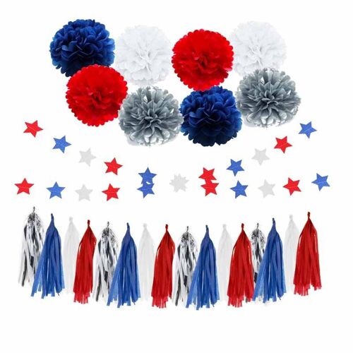 Ensemble De Décorations De Fête Patriotique, Fleurs À Pompons, Franges En Aluminium, Banderoles Étoiles, Fournitures De Fête De La Fête De L'enfance Des États-Unis