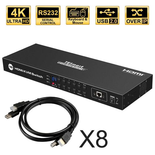 TESmart Commutateur KVM HDMI à  16 Ports 4K Commutateur pour Montage en Rack avec 8 cables KVM de 5ft/1,5m, périphérique USB 2.0 C