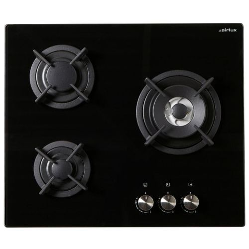 Airlux AV635HBK - Table de cuisson au gaz - 3 plaques de cuisson - Niche - largeur : 55 cm - profondeur : 47 cm - sans cadre - verre noir
