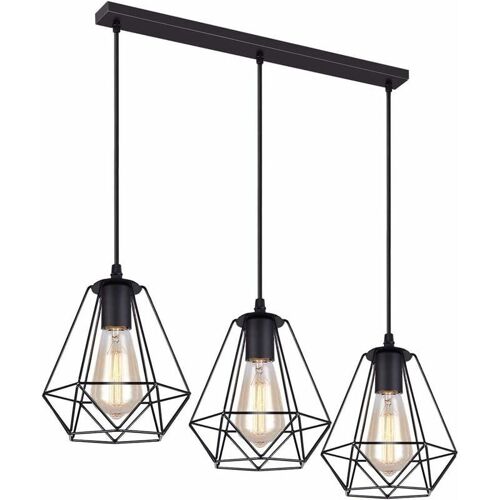 3 Lampes Suspension Vintage, 20cm Lustre Suspension En Metal Abat-Jour Luminaire En Forme Dimant De Cage Avec Support En Barre, Noir (3 Lumieres - 50cm) Goodnice