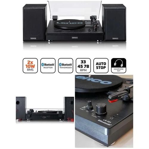 Platine vinyle LENCO NOIR Bluetooth stéréo 3 vitesses 33/45/78 tours + 2 HAUT- PARLEURS BOIS 2 x 10W RMS