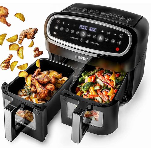 Duronic AF24 Friteuse à air de 2400 W | Deux tiroirs de cuisson de 5 litres chacun | Fonctions Sync Cook et Sync Finish | 10 modes de cuisson préréglés | Sans huile | Commande numérique tactile