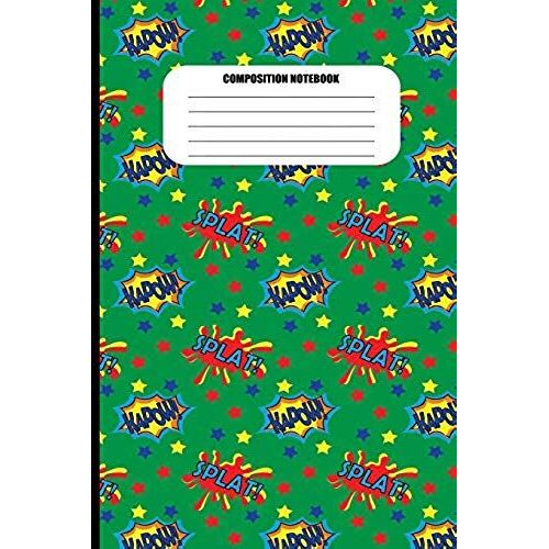 Composition Notebook: Splat! Kapow! Stars Pattern On Green (100 Pages, College Ruled)
