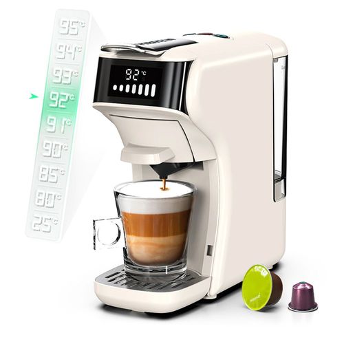 HiBREW H1B Cafetière à dosettes 5 en 1, réservoir d'eau 600 ml, extraction sous pression 19 bars, mode froid/chaud, indicateur LED, pour Kcup*/Nes*/DG*/Espresso en poudre, beige