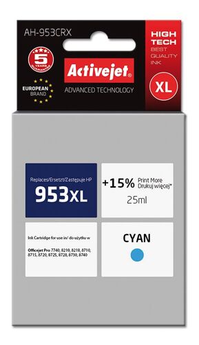 ActiveJet Premium AH-953CRX - 25 ml - XL - cyan - compatible - cartouche d'encre (alternative pour : HP 953XL) - pour HP Officejet Pro 77XX, 82XX, 87XX