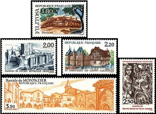 France 1986, Très Belle Série Touristique Complète Neuve** Luxe, Timbres 2401 Filitosa, 2402 Chateau De Loches, 2403 Saint Germain De Livet, 2404 Cloitre De Chalons Et 2405 Bastide De Monpazier.