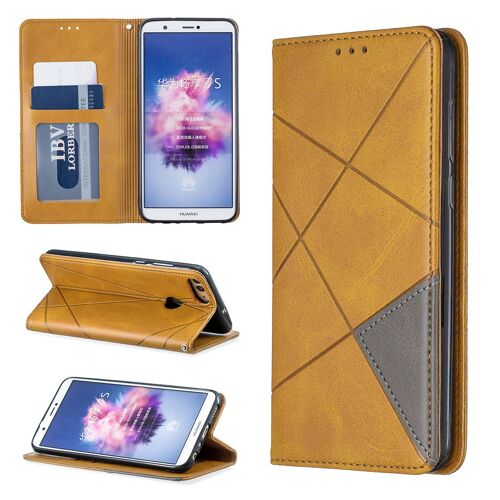 Huawei P Smart (2017) Coque, Saturcase Rhombe Pu Cuir Flip Aimant Intégré Portefeuille Support Porte-Carte Protecteur Coque Housse Étui Pour Huawei P Smart (2017) (Jaune)