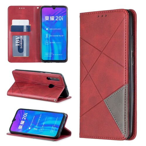 Huawei P Smart Plus 2019 Coque, Saturcase Rhombe Pu Cuir Flip Aimant Intégré Portefeuille Support Porte-Carte Protecteur Coque Housse Étui Pour Huawei P Smart Plus 2019 (Rouge)