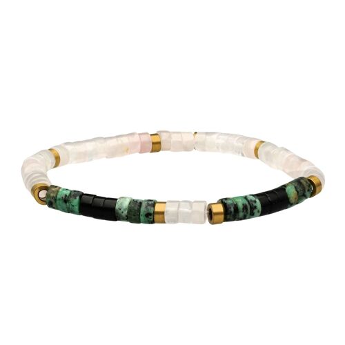 Bracelet Perles Heishi 4mm Turquoise Africaine Quartz Rose Et Agate Noire