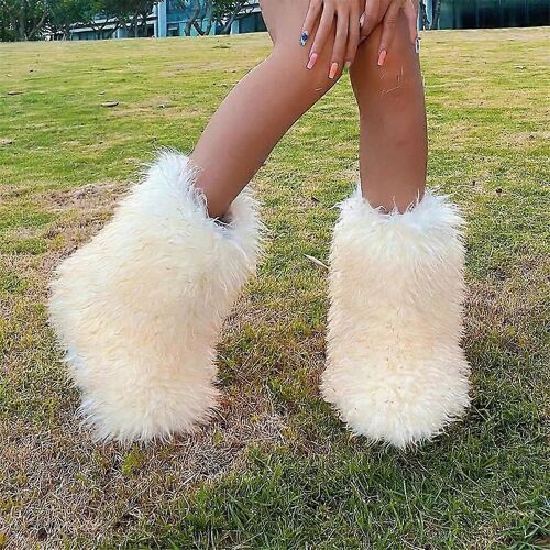 Bottes En Fausse Fourrure Pour Les Femmes Fuzzy Fluffy Furry Round Toe Suede Bottes D'hiver Chaussures Plaques-Couleur 1-Adulte-Taille 41-Femelle