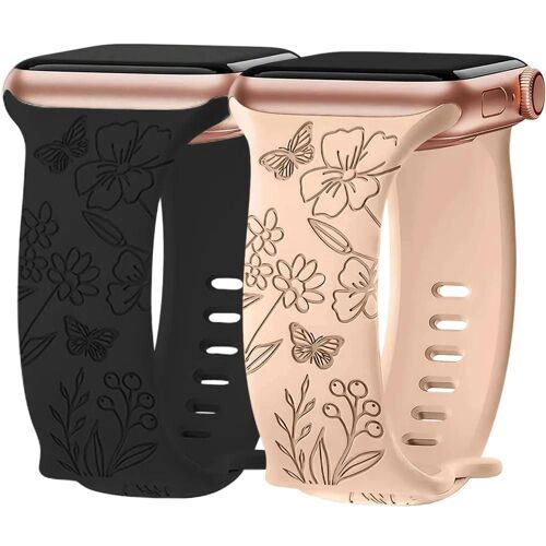 2 Bracelets Pour Apple Watch Series Ultra 2/3, 11, 10, 9 8 Se 7 6 5 4 3 2 1 46mm-45mm-44mm-42mm-49mm Silicone Gravure Papillon Noir/Nude - Efconnection