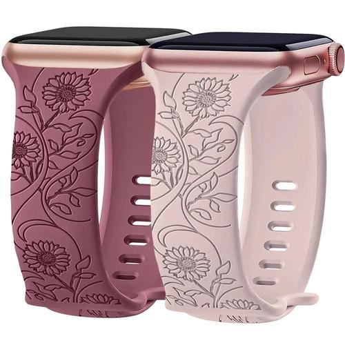 Lot-2 Bracelet Pour Apple Watch Series 11 10 9 8 Se 7 6 5 4 3 2 1 Ultra 1/2/3, 42mm-44mm-45mm-46mm-49mm Tpu Motif Tournesol Rose/Violet - Efconnection