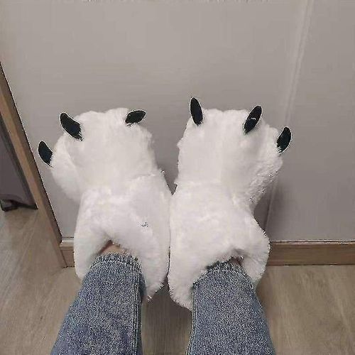 Créatif Mignon Griffe D'ours Pantoufles D'hiver Garçons Filles Pantoufles Furry Warm Couple Chaussures D'intérieur Femmes Bottes En Coton Diapositives En Fourrure-Court Blanc-Adulte-6-Femelle